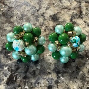 Vintage Clip back Green and Blue Beaded Cluster Earrings